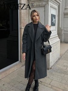 Damen Wollmischungen TRAFZA Damen Revers Gerader Mantel Lässiger Zweireiher Büro Damen Langer Mantel Herbst Winter Solide Streetwear Mäntel 231023