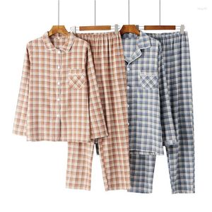 Pijamas femininos primavera algodão casal pijamas homens e mulheres simples xadrez pijamas plus size manga longa calças lounge wear 2 peça conjunto