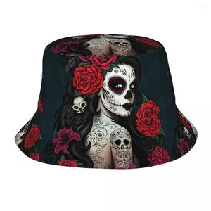 Berets Sugar Skull Bob Hat for Women Men Travel Piękna dziewczyna Foppy Street Składana na zewnątrz sportowa czapka rybak