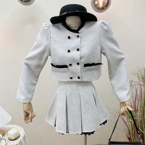 Work Dresses Autumn Vintage Small Fragrance Tweed 2 Piece Set Women Outfits Contrast Color Double Breasted Short Jacket & Skirt Suits