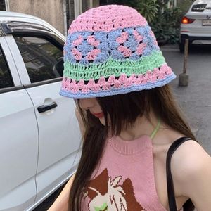 Berets Flower Knitted Bucket Hats For Women Handmade Crochet Hollow Basin Hat Ladies Skullies Cap Spring Summer Sunscreen Sun Gorro