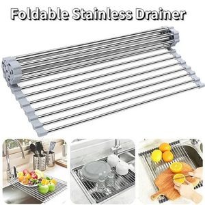 Kitchen Storage Organization Foldable Stainless Steel Dish Drainer Roll Up Drying Rack Shelf Sink Holder Drainage Plate Bowl Fruit 231023