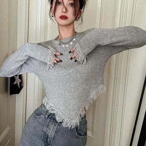 Women's T Shirts Tassel Shirt Korean Style Solid Color Crop Top 2023 Autumn Long Sleeve Tees Slim Fashion Tshirts Femme O-neck Clothes