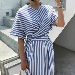 Casual Dresses In 2023 Summer Women'S Blue Striped Belt Long Skirt Women Cotton Split Dress