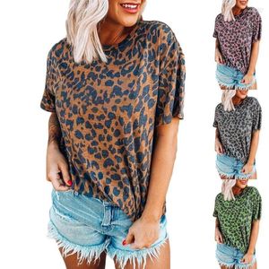 Kadın Tişörtleri Kadınlar Yaz Moda Bluz Leopar Baskı Yuvarlak Boyun Damla Omuz Kısa Kollu T-Shirt Sıradan banliyö All Maç