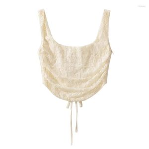 Canotte da donna Canotte da donna sexy da donna con allacciatura incrociata e fasciatura sul retro Top corto estivo in pizzo beige