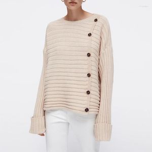 Damenpullover Damen Herbst Winter 2023 Mode Damen High Low Rippstrickpullover mit Knopf Langarm Rundhalsausschnitt Lose