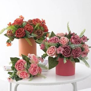 Flores decorativas adereços fontes de festa ornamento de casamento buquê artificial arranjo floral planta realista retro seda peônia