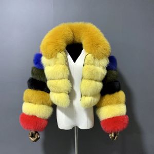 RF1982 Разноцветная зимняя женская шуба из натурального лисьего меха, короткая стильная облегающая модная куртка на молнии с натуральным мехом