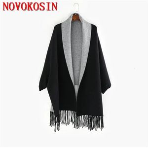 Lenços preto cinza plus tamanho desgaste inverno malha poncho mulheres design sólido manto feminino longo batwing mangas casaco vintage xale 231021