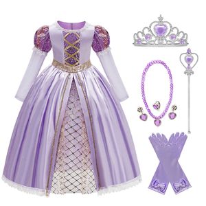 Cosplay Tangled Princess Kids Girls Rapunzel Purple Dress Accessori Suit Abbigliamento di carnevale di Halloween per bambini