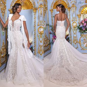 Stunning Mermaid Wedding Dresses Lace Bridal Gowns Sheer Plunging Neckline Sweep Train Tulle Vestido De Novia