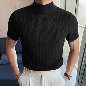 Camiseta masculina moda casual alta pescoço malha topos cor sólida jacquard manga curta ao ar livre fino ajuste com nervuras camisetas para masculino
