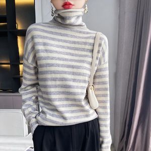 Женские трикотажные футболки, женские свитера из чистой шерсти больших размеров, вязаные пуловеры, весенняя блузка в стиле ретро с высоким воротом, свободный кашемировый свитер, рубашка в полоску, S-XXL 231023