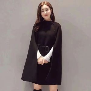 Kobiet Cape Autumn Wysokiej jakości Wełniany szal Cape Poncho z Pasem Kobiety w średniej długości Koreańskie rękawy Casual Ladies Cape Płaszcze Q318 231023