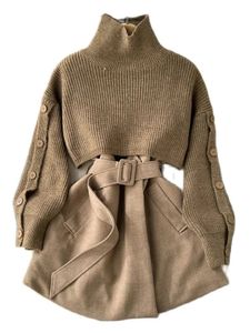 Two Piece Dress Autumn Winter Knit Two Piece Set Women's Single-breasted Turtleneck Cropped Pullover Sweater V-neck Vest Dress Solid Women Suit 231023