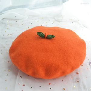 Berets Damen Baskenmütze DIY süße kleine frische orange grüne Blatt Wollmütze Mädchen Herbst Winter Lolita Maler Outdoor Warm Kürbis