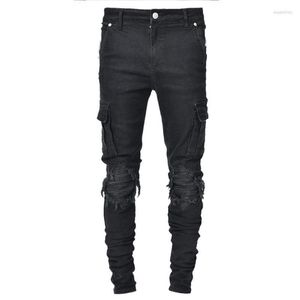 Jeans masculinos rasgados calças jeans skinny elástico meninos buraco com vários bolsos zíper pantaloon slim preto calças cargo