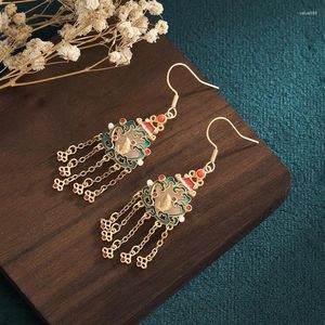 Dangle Earrings Charm Women Jewelry National Tide Ancient Method Gold-Plated Hetian Jade Fish Leaping Dragon Gate Tassel Retro Style
