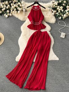 Work Dresses Fashion Korean Pleated Suits Women Sleeveless Diamond Halter Tank Top Shirt Casual High Waist Wide Leg Pants Two Piece Set