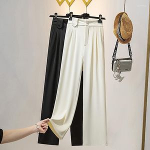 Women's Pants Women's Pleated Wide-legged Woman Summer Double Buttons Elastic Back Waist Ankle Length Casual Ladies Loose Mujer