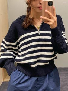 Women's Sweaters Women's Ribbed Stripes Half-Zip Sweater Women 2023 Autumn Mock Neck Knitted Pullovers Jumpers Femme Fashion Streetwear