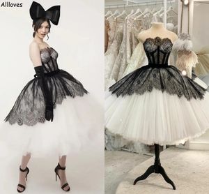 Abito da ballo in pizzo nero Abiti da sera Abiti da festa sexy senza spalline per occasioni formali per le donne Gonna in tulle con sbuffo Lunghezza tè Secondo ricevimento Abito da ballo di fidanzamento CL2801