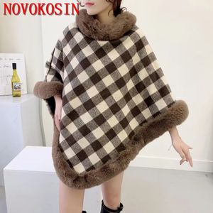 Women's Cape Autumn Women Loose Poncho Lining Velvet Winter Warm Faux Rabbit Fur Neck Striped Plaid Cloak Out Street Pullover Shawl Wear 231023