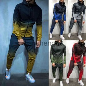 Tute da uomo Uomo Autunno 2 pezzi Dolcevita Cambio graduale colore Tuta Set Felpa con cappuccio Top Vita alta Pantaloni Jogging Palestra Tasche semplici con zip Slim Fit J231023