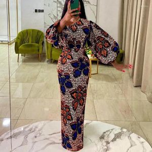 Casual Dresses Autumn and Winter Style Retro Shiny Axless Lantern Sleeve Print Mönster Fashion Female Pencil kjol African Long Long