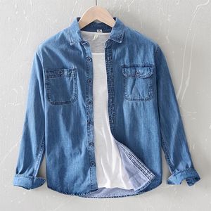 Camisas casuais masculinas homens estilo de escritório denim camisa de algodão sólido manga longa tops homem de alta qualidade azul jeans chemise homme