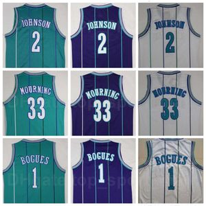 Men Vintage Basketball Alonzo Mourning Jerseys 33 Tyrone Muggsy Bogues 1 Larry Johnson 2 Retro Green White Purple Team Color Sport Fans Good Quality On Sale Uniform