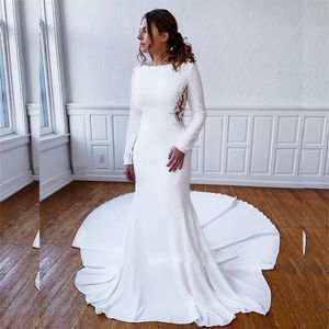 Plus Size Sexy Lace Back Mermaid Wedding Dress With Long Sleeves Simple Satin Long Train Dress For Women Bride Gown