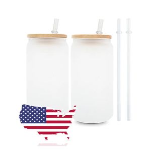 US CA Stock 16oz Sublimation Glass Mugs Can Shaped Water Bottles Clear Frosted Blanks Soda Juice Jars Tumblers 0411