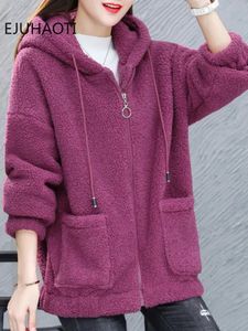 Mulheres misturas de lã inverno imitação cordeiro velo casaco jaqueta senhoras solto encaixe coreano moda suéter com pelúcia para femme cardigan 231023