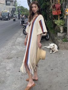 Casual Dresses Summer Women Dress Long Evening Female Vintage Maxi Party Oversize Beach Woman Elegant Prom Stripe Tassel