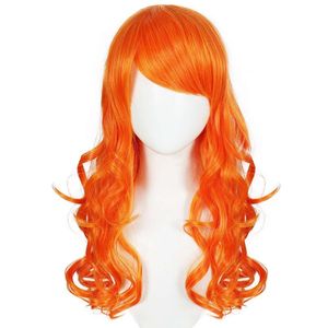 Kadınlar Cadılar Bayramı Kostüm Anime Nami 2 yıl sonra turuncu uzun kıvırcık saç kız parti cosplay perukları + peruk kapağı