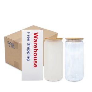 US/CA Warehouse Ship 16oz Sublimation Glass Tumblers Glass Juice Soda Water Bottles Clear Frosted Can Shaped Cups 0516