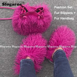 Slippers Women's Fashion Sets Fur Slippers Fur Handbags Woman Luxury Faux Fur Set Slides Furry Bag Purse Wallet Indoor Shoes Plus Size 49 T231023
