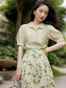 Sukienki robocze Summer Vintage Lady Outfits Dwuczęściowy garnitur damski retro z krótkim rękawem na lapie koszulę z nadrukiem drukowana ol 2 sztuki