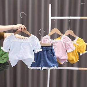 Conjuntos de roupas 2023 roupas de verão conjunto para bebê menina criança camisa de renda jeans shorts 2 pcs roupa bonito terno de aniversário criança casual