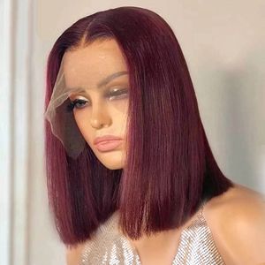 HOT 99J Bourgogne Short Straight Bob Human Hair Wigs Brasilien Bob Wig Spets Front Peruvian Hair Wigs Pre Plucked T Part spetsar peruker remy hår billigt till salu