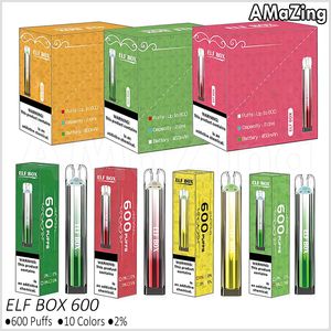 Authentic Elf Box 600 Puffs Sigarette elettroniche usa e getta 10 colori Mesh Coil 2% Vape Pen Pod Vaporizzatori 2ml Carrelli 450mah Batteria