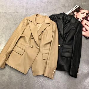 Women's Leather Spring Genuine Blazer Double Breasted Slim Outerwear Stereo Cutting Women Jacket