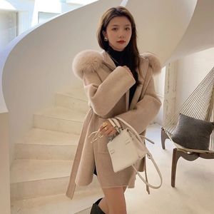 Женская шерстяная смесь, осенне-зимнее кашемировое пальто с меховым воротником и капюшоном, женская шерстяная куртка, китайская и корейская модная верхняя одежда, уличная одежда 231021