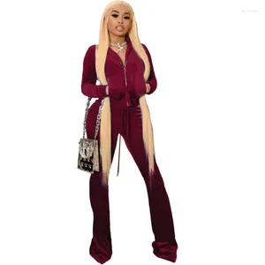 Women's Two Piece Pants Women Set Pink Velvet Tracksuit Fashion Zip V Neck Long Sleeve Crop Top Jacket Sweatsuit 2