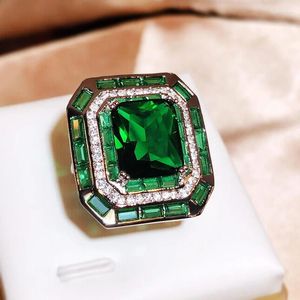 Cluster Rings Selling Simulation Emerald Tourmaline Opening Ring Female 925 Silver Luxury Princess Square Full Diamond Party Gift