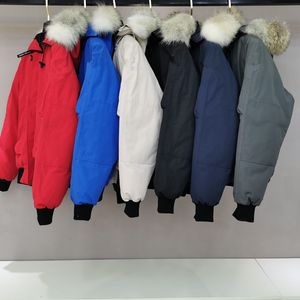 2023 Autumn Winter Men's White Duck Down Parkas Jackets dragkedja päls huva randig mans smala korta rockar Gem003