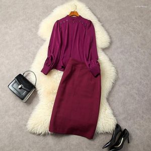 Work Dresses European And American Women's Clothes 2023 Spring Long Sleeved Stand Collar Beaded Shirt Purple Skirt Fashion Suit