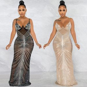 Casual Dresses Women Sexy Black Rhinestone Mesh Tassel Dress 2023 Birthday Party Celebrity Evening Gown Female See Through Costume